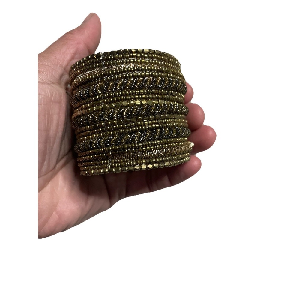 Beaded Gold And Gray Fantasy Cuff Bracelet 2" Stretch